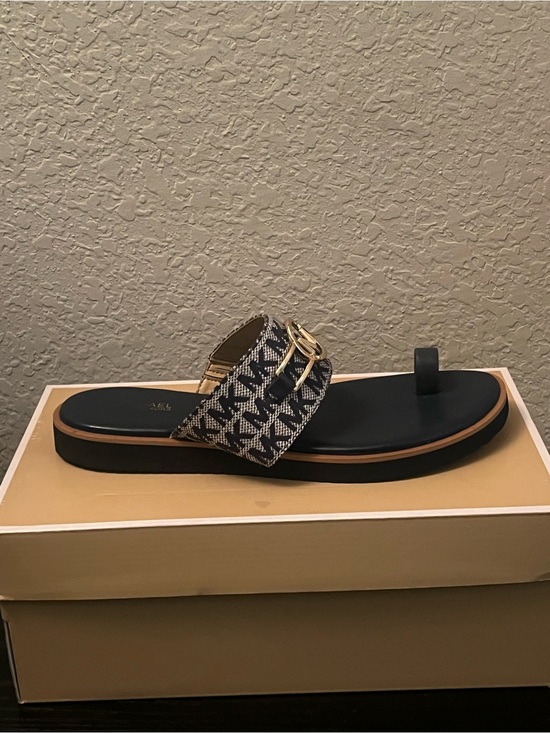 Michael Kors Shoes - Woven Black and White Slide Sandal with Gold Buckle